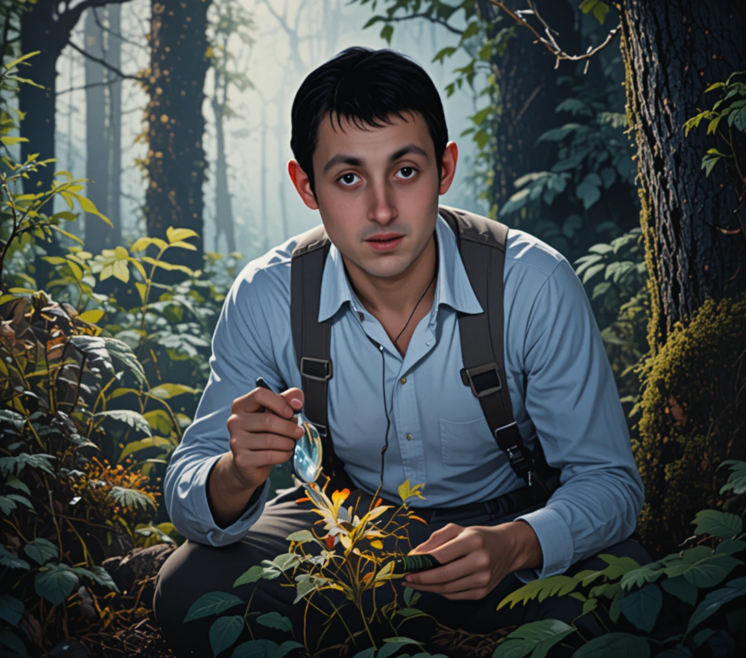 Young botanist studying rare flowers in ancient forest
