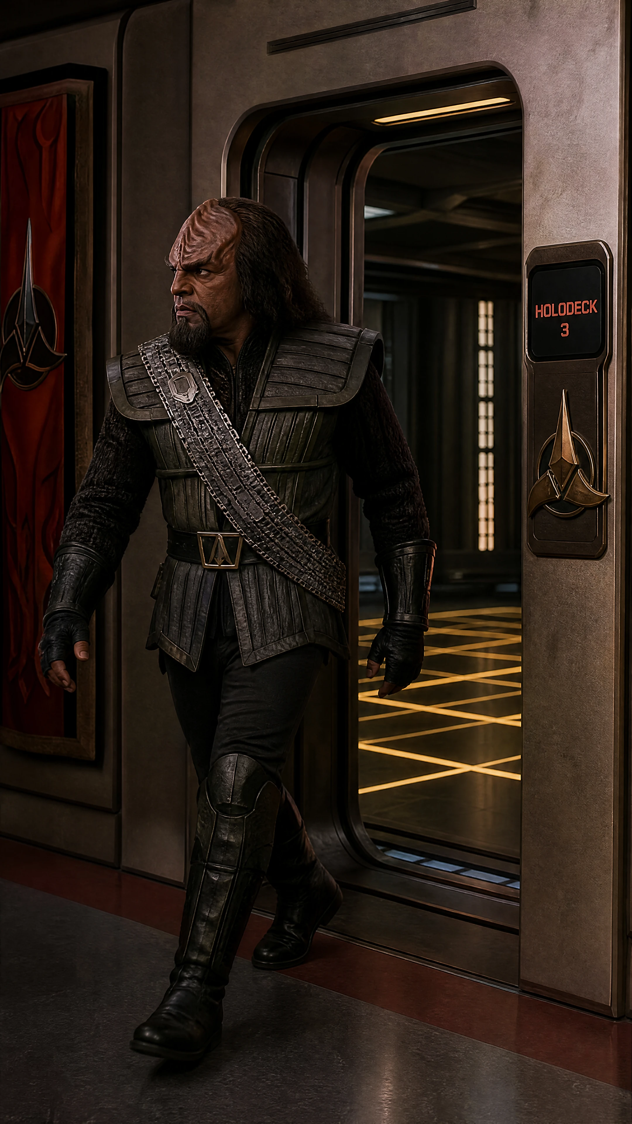 Klingon warrior leaving a holodeck room and turning left