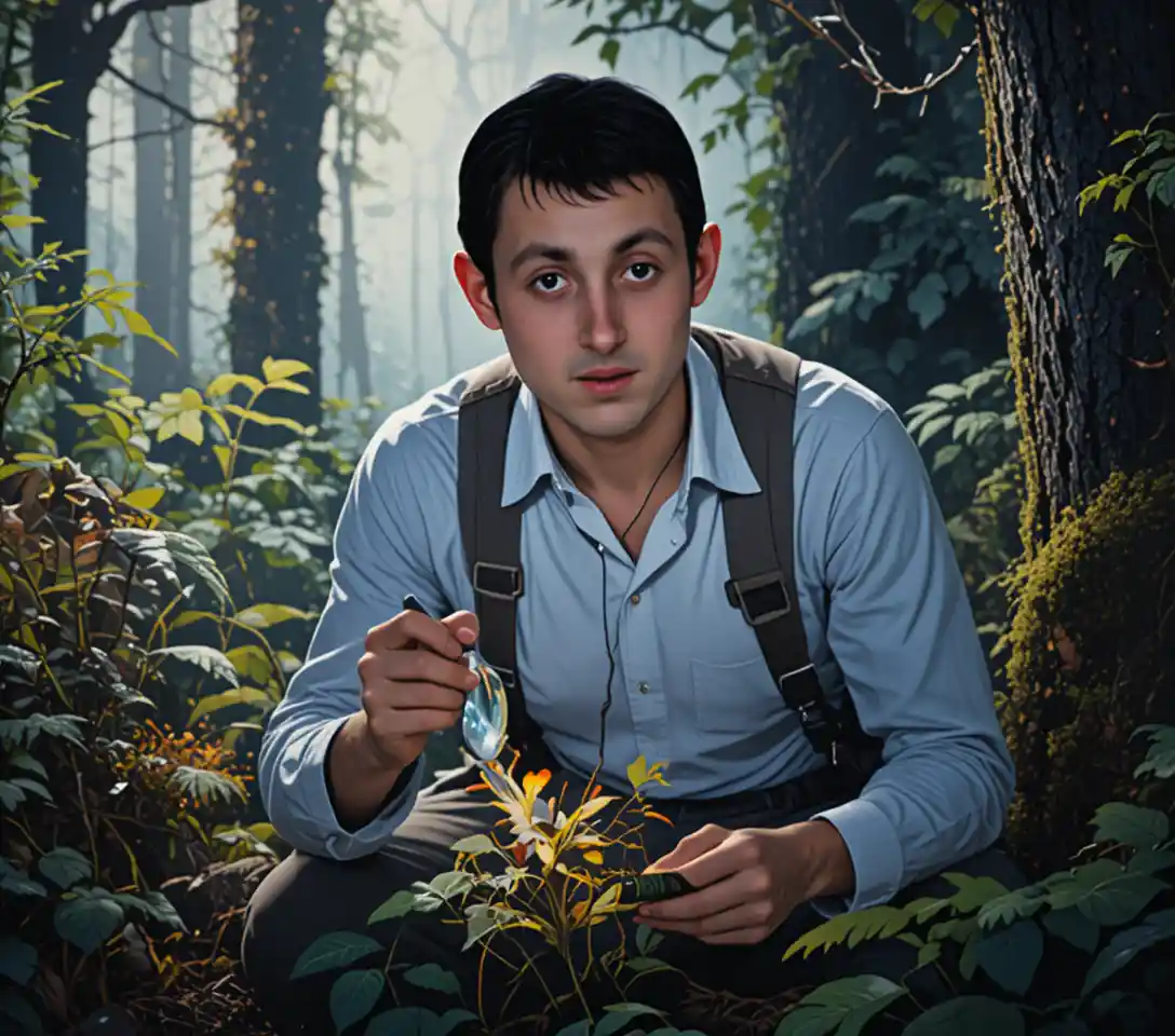 Giovane botanico che studia fiori rari in una foresta antica
