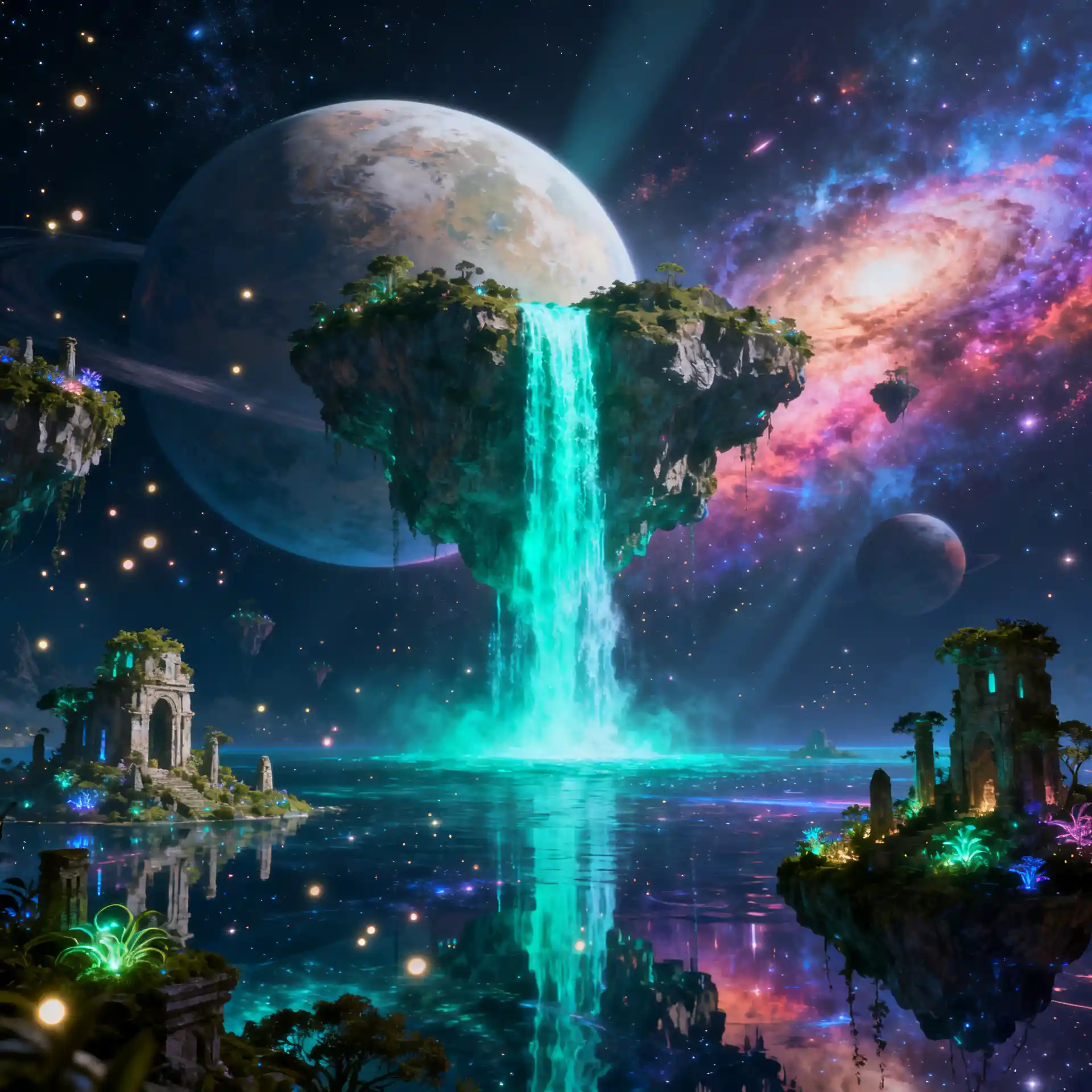 Celestial waterfall pouring into a vast cosmic ocean