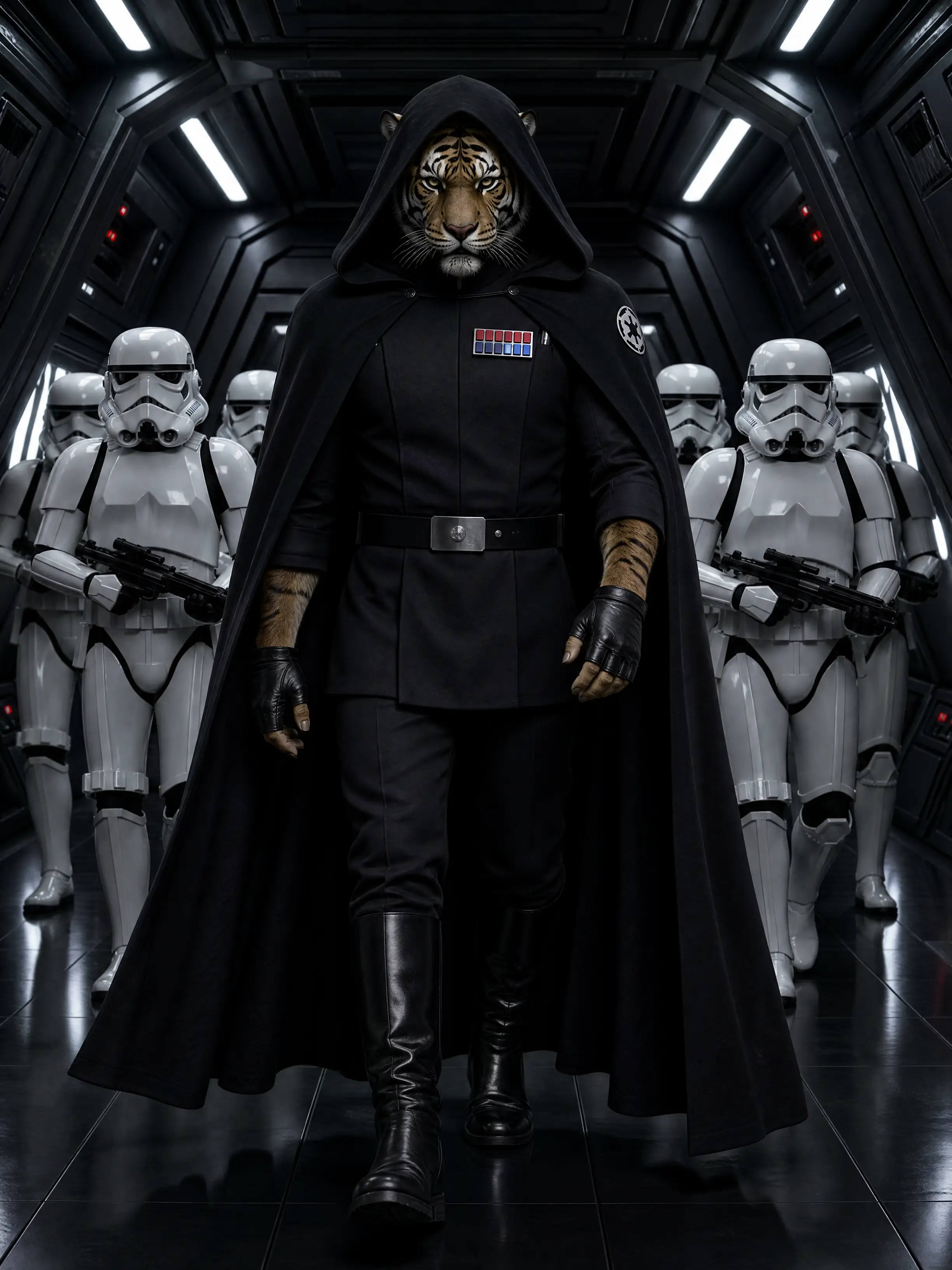 Tiger officer in black uniform leading stormtroopers corridor