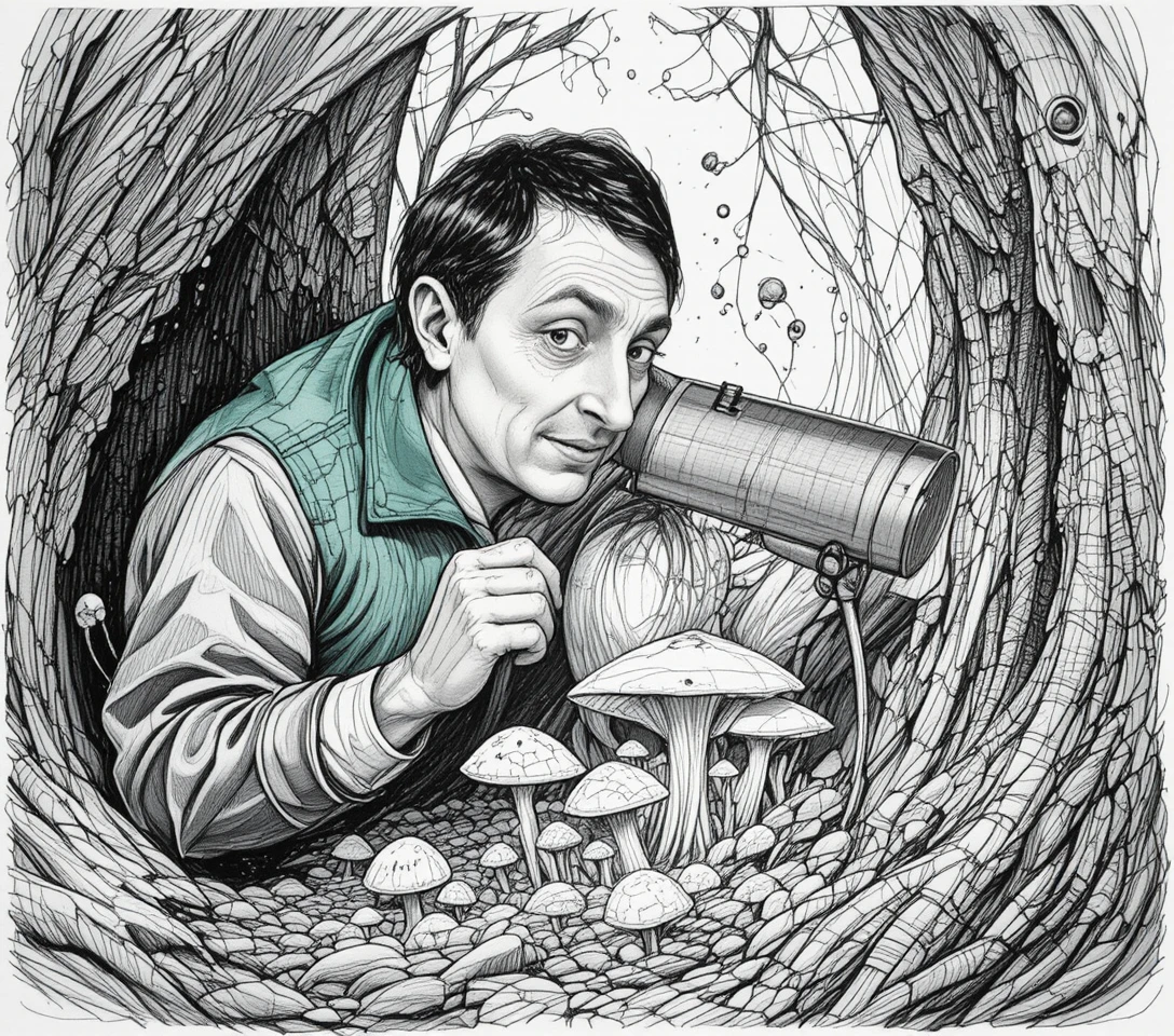 Aficionado a la botánica estudiando hongos raros del bosque de noche