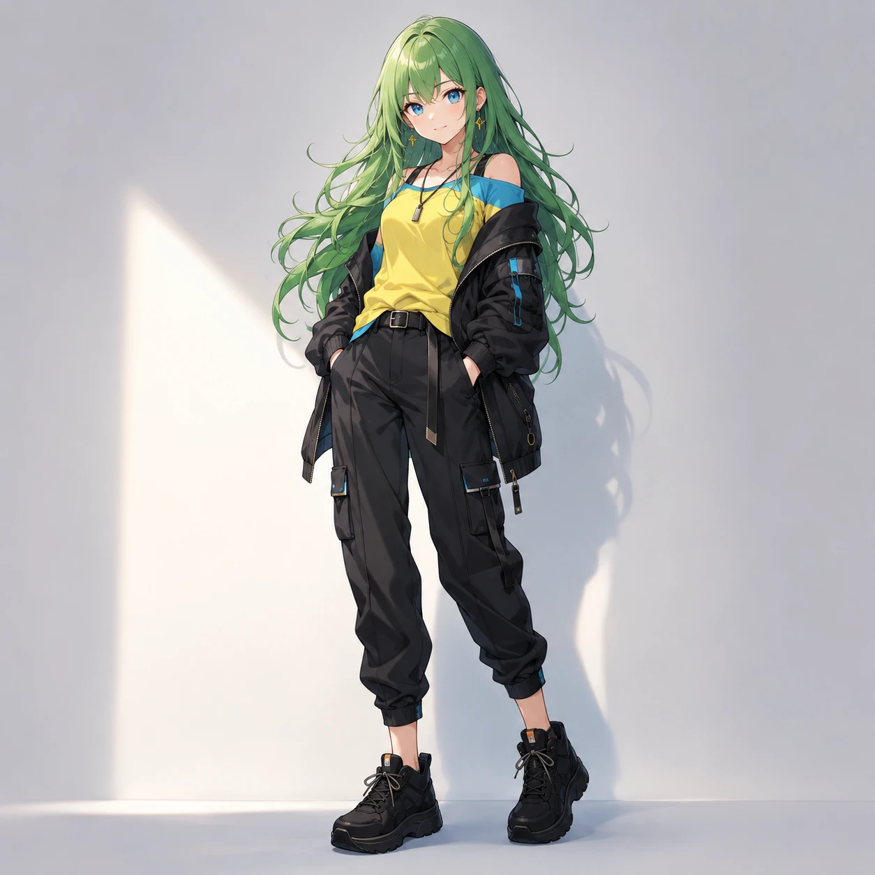 Chica de pelo verde con camisa amarilla y chaqueta negra