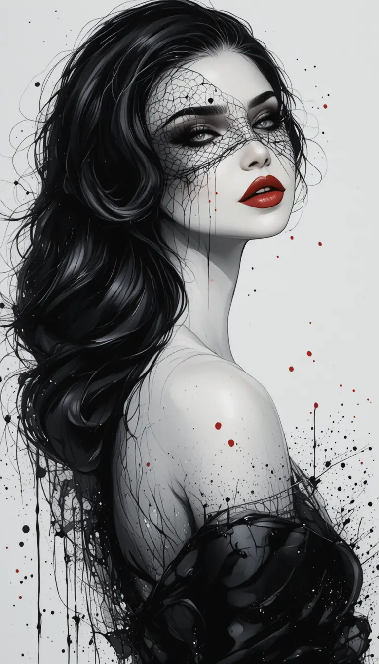 Monochrome woman portrait with veil and red lips