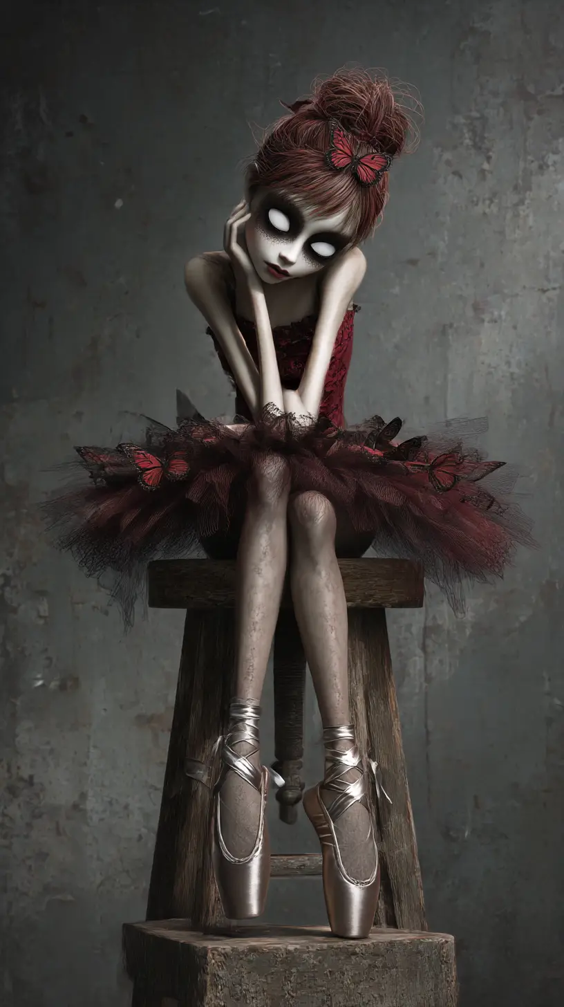Melancholic gothic ballerina on a worn wooden stool