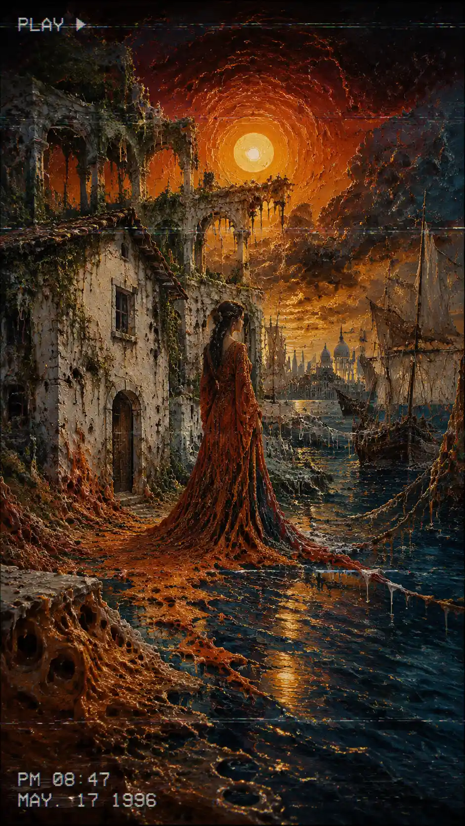 Woman in flowing robe at the edge of a melting shore