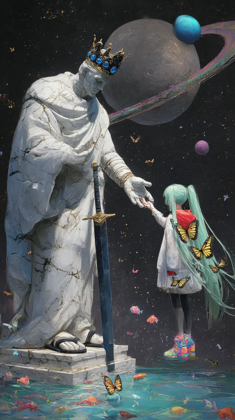 Anime girl beside colossal marble statue under starry moonlit sky