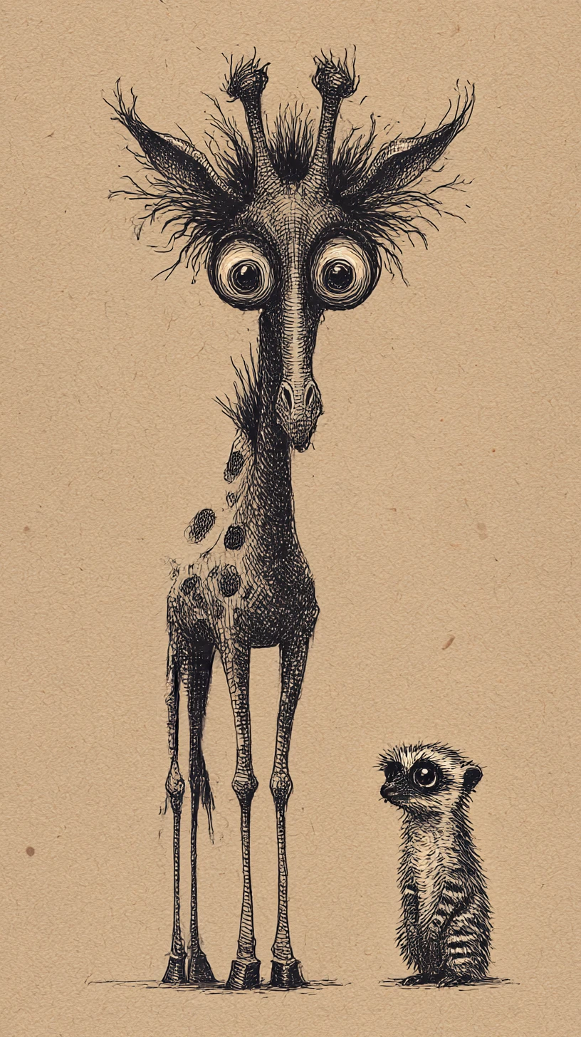 Eerie Ink Giraffe And Meerkat On Aged Paper