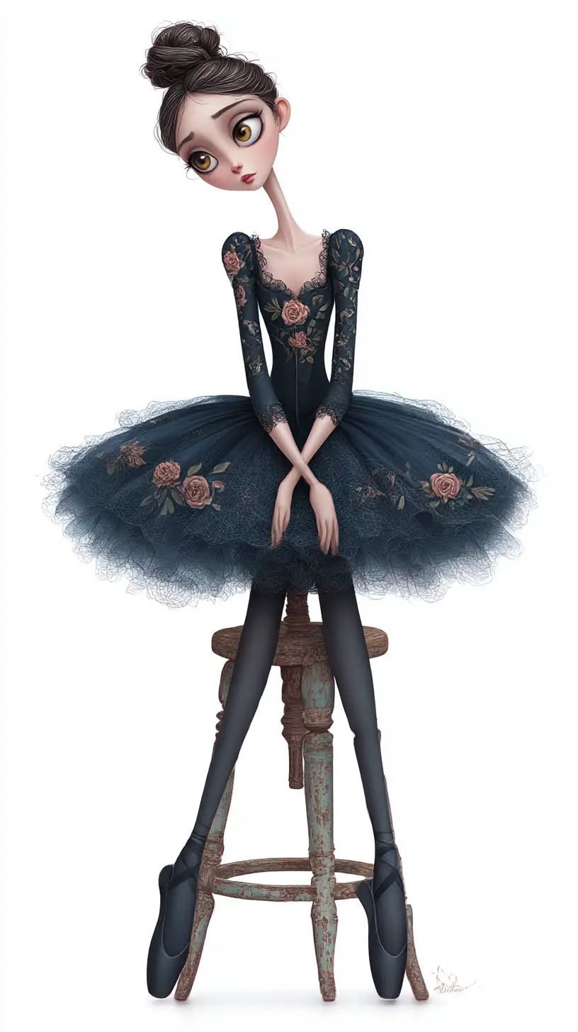 Melancholic ballerina on worn wooden stool in dark tutu