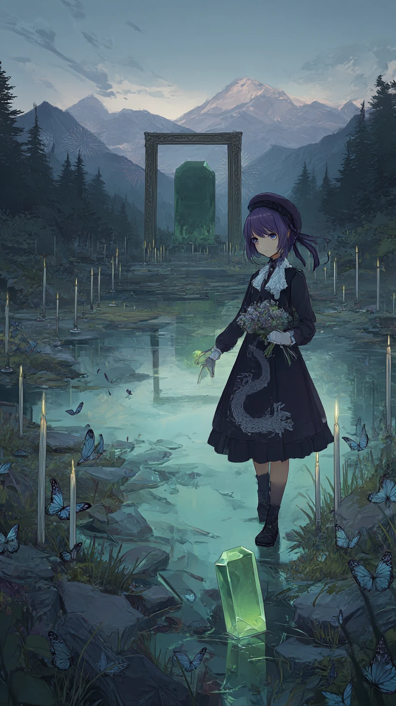 Chica con flores caminando por un campo de espadas enterradas