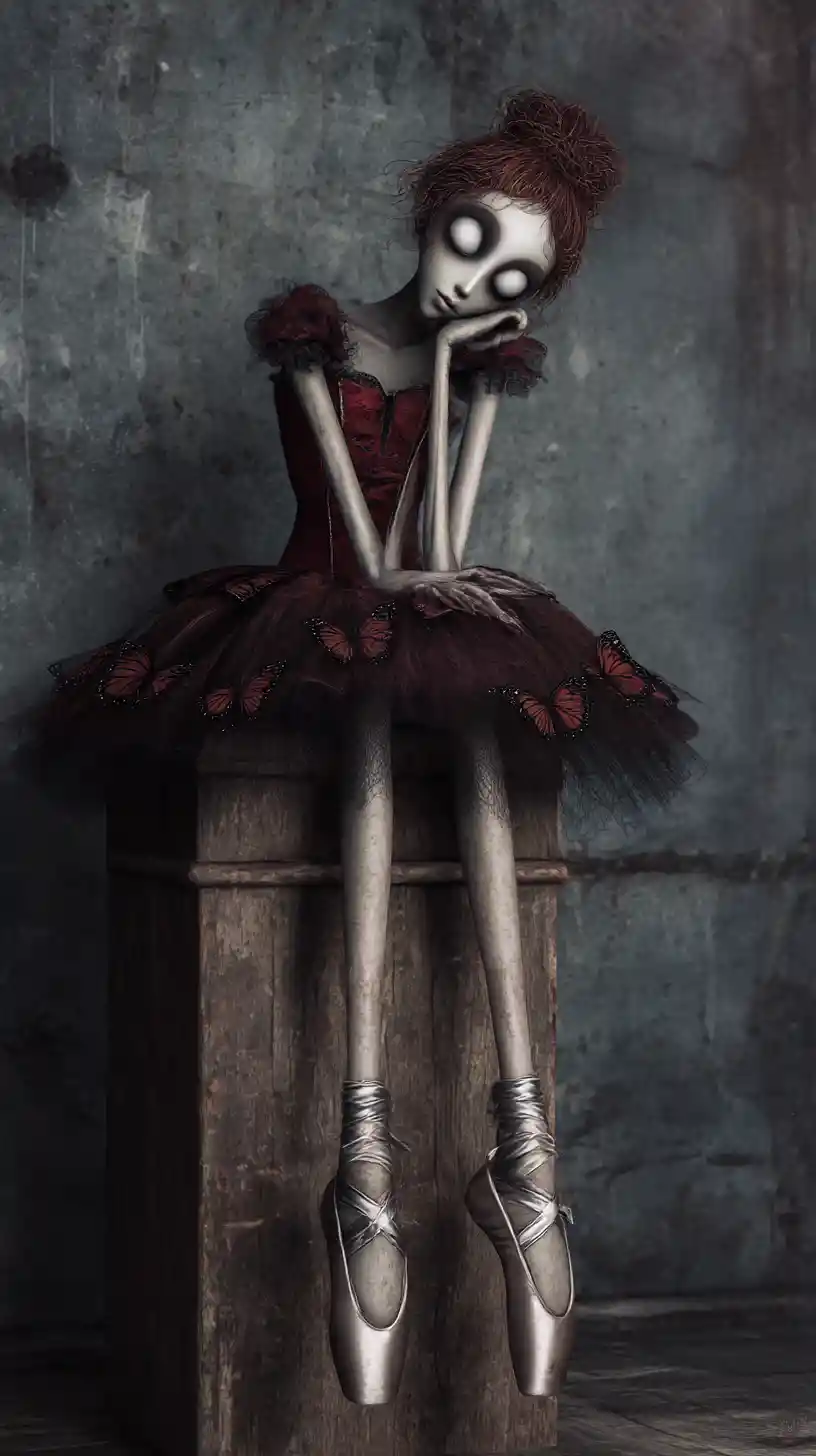 Melancholic gothic ballerina on a worn wooden stool