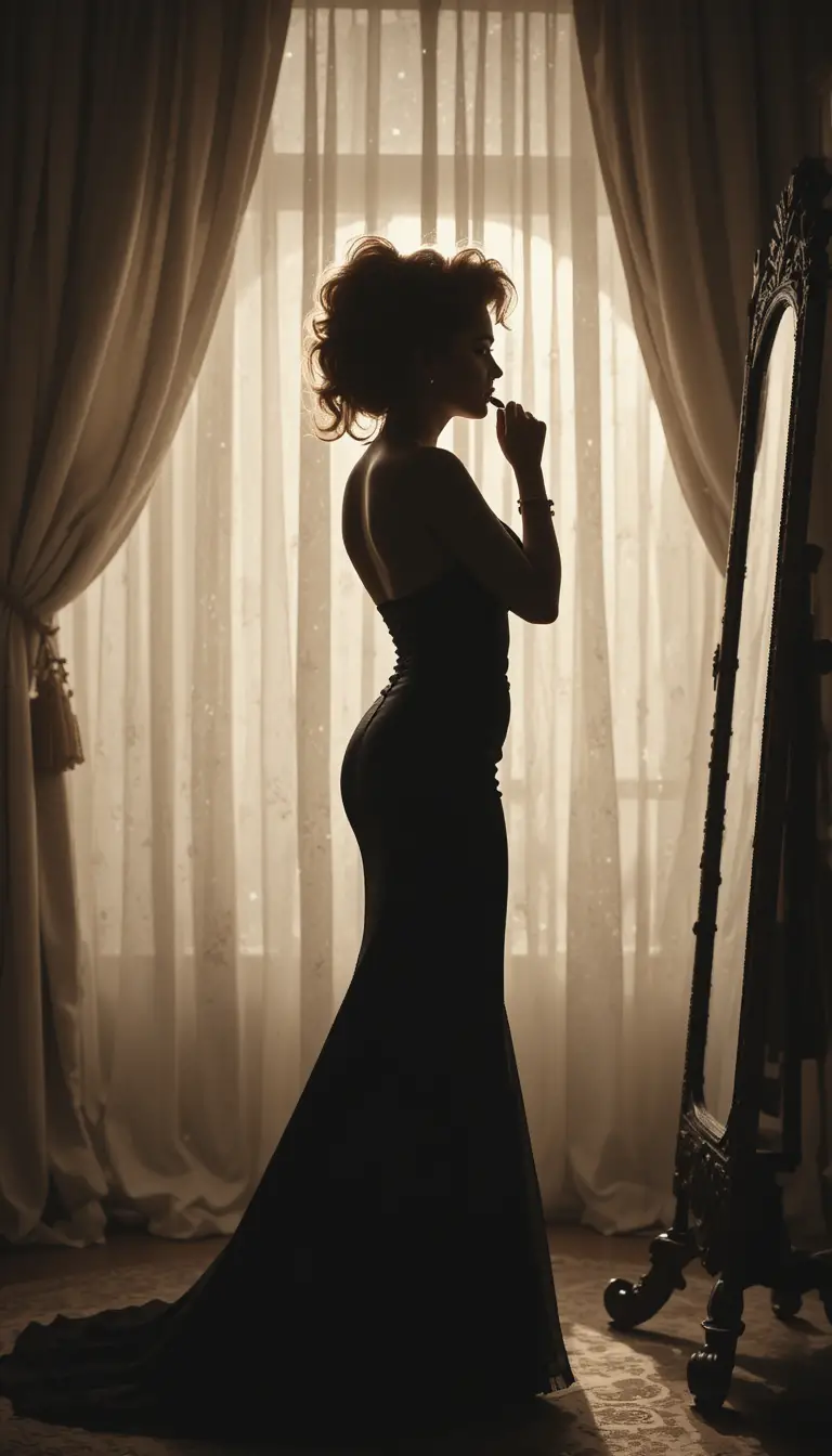 Silhouetted woman applying lipstick before an ornate mirror
