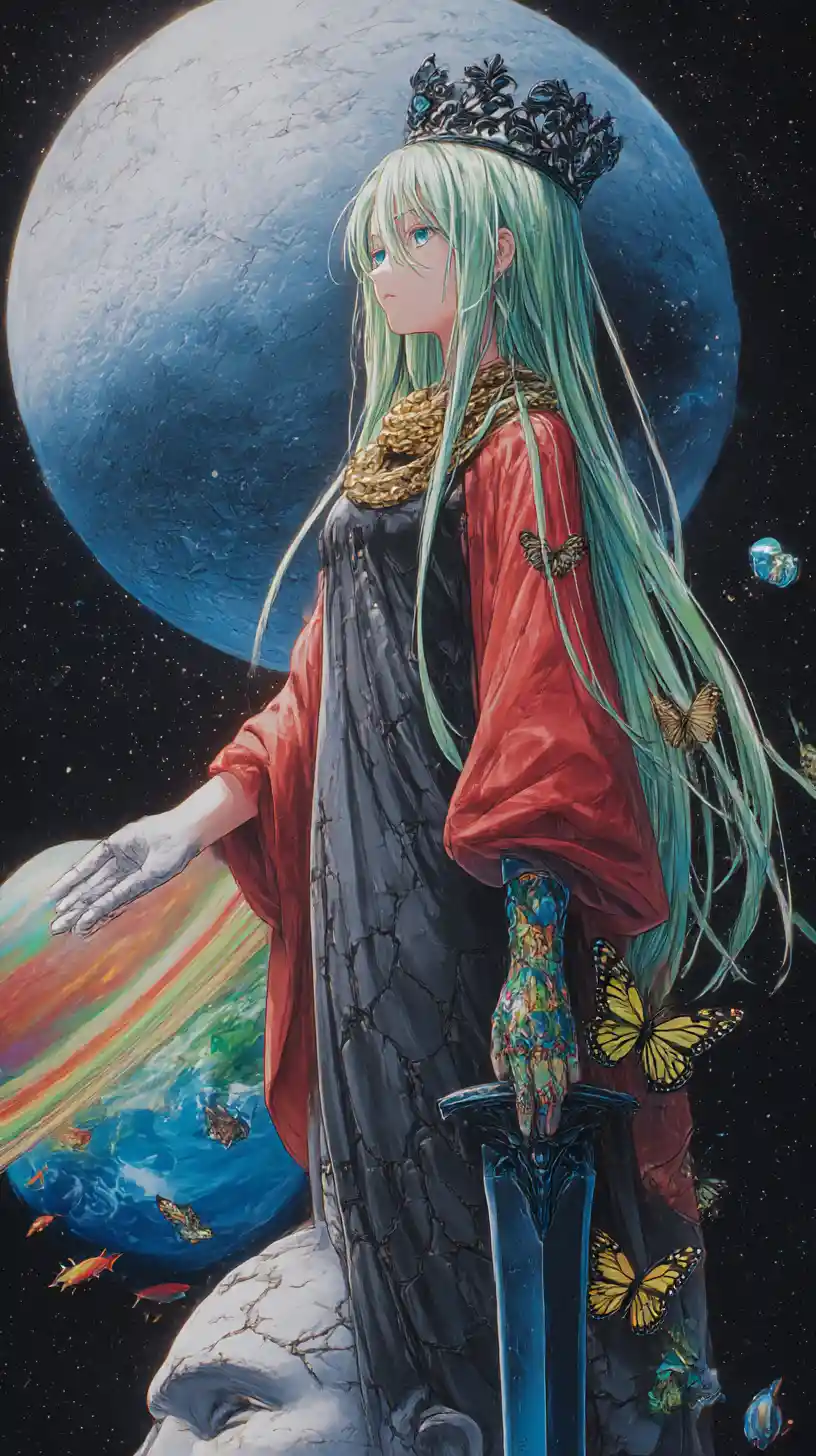 Chica anime junto a una estatua colosal bajo una luna inmensa