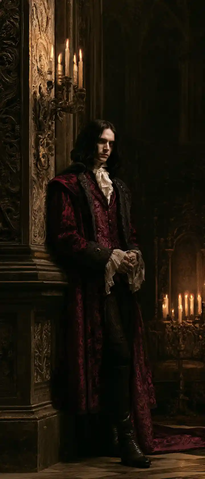 Aristocratic Vampire In Candlelit Gothic Hall Oil Painting