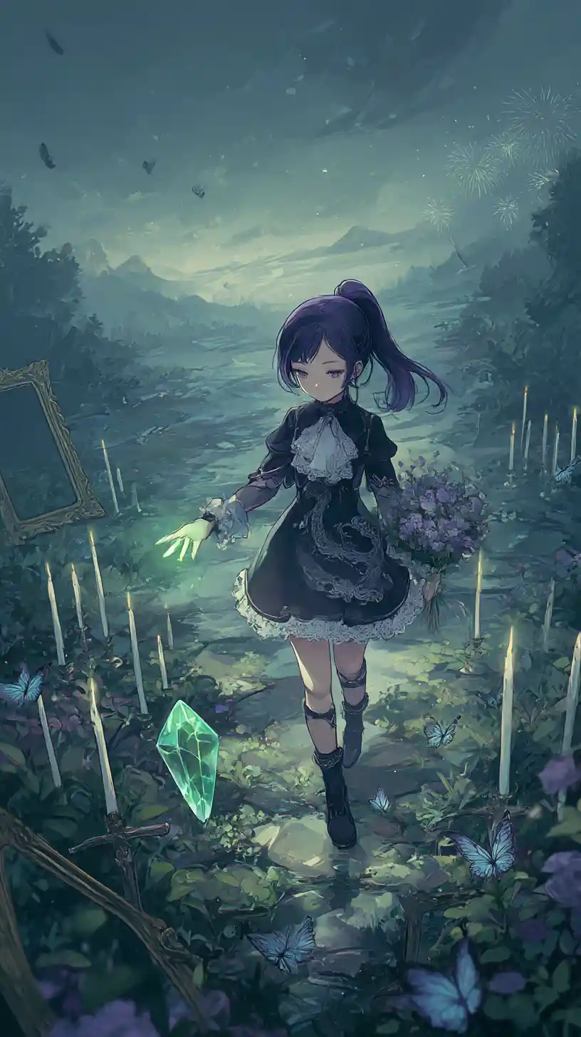 Trauriges Anime-Mädchen, das durch ein Feld aus Kristallschwertern geht