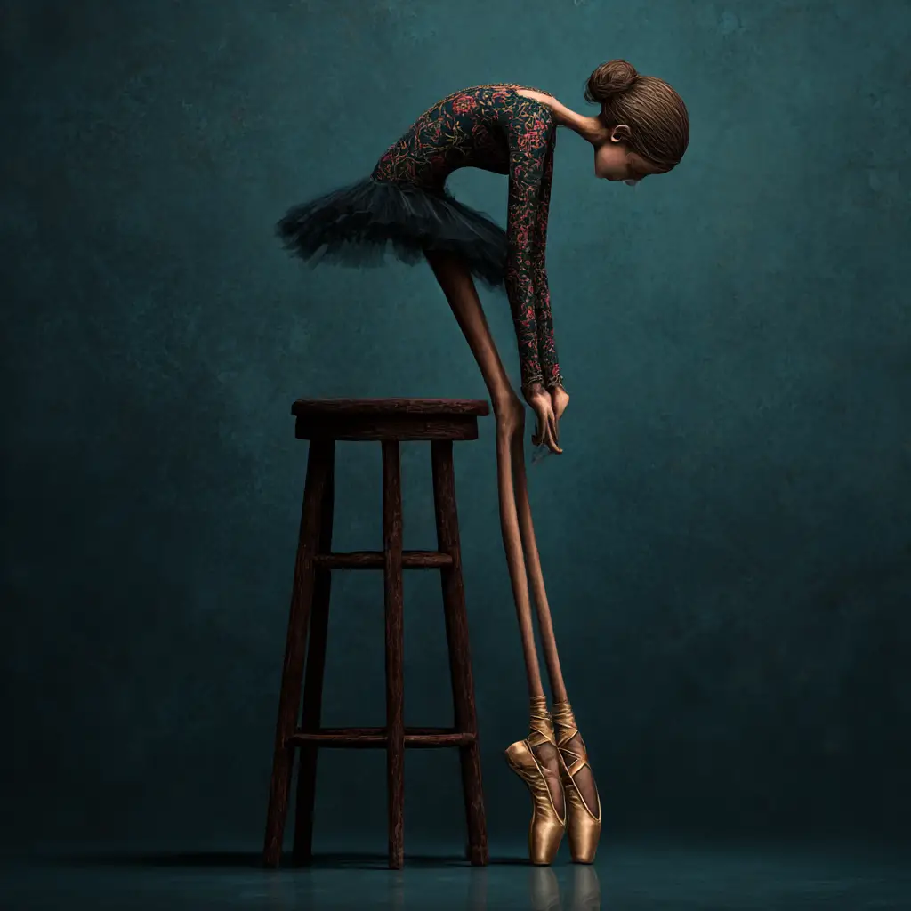 Surreal ballerina draped over a tall wooden stool