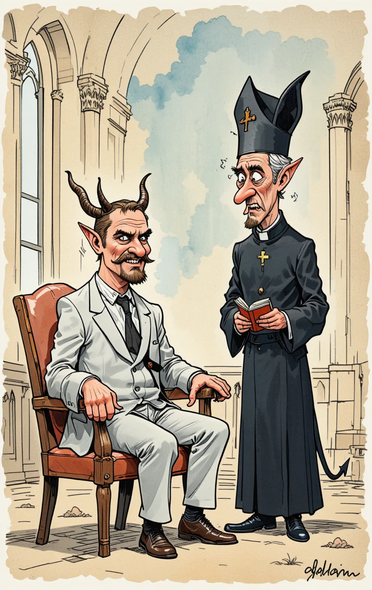 Demonio con traje que se burla de un sacerdote angustiado