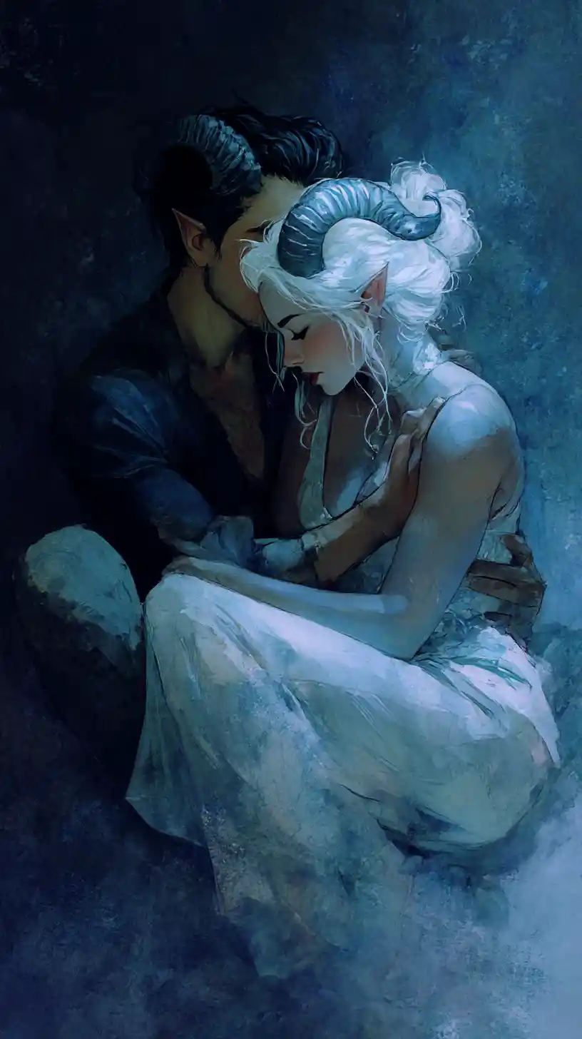 Tiefling-Frau, die ihren Liebhaber in einer intimen Pose umarmt