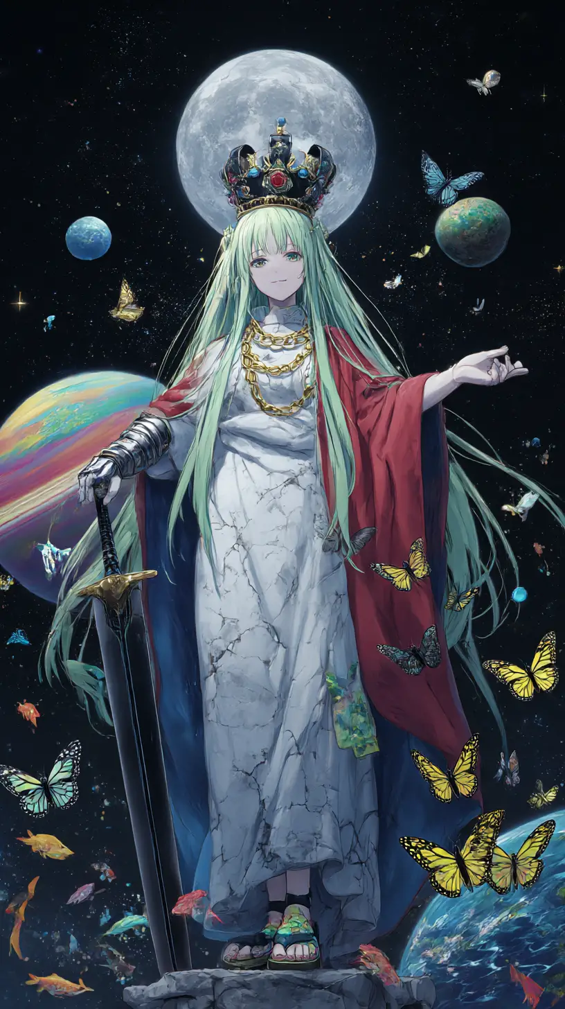 Anime girl beside colossal statue under starry moonlit sky