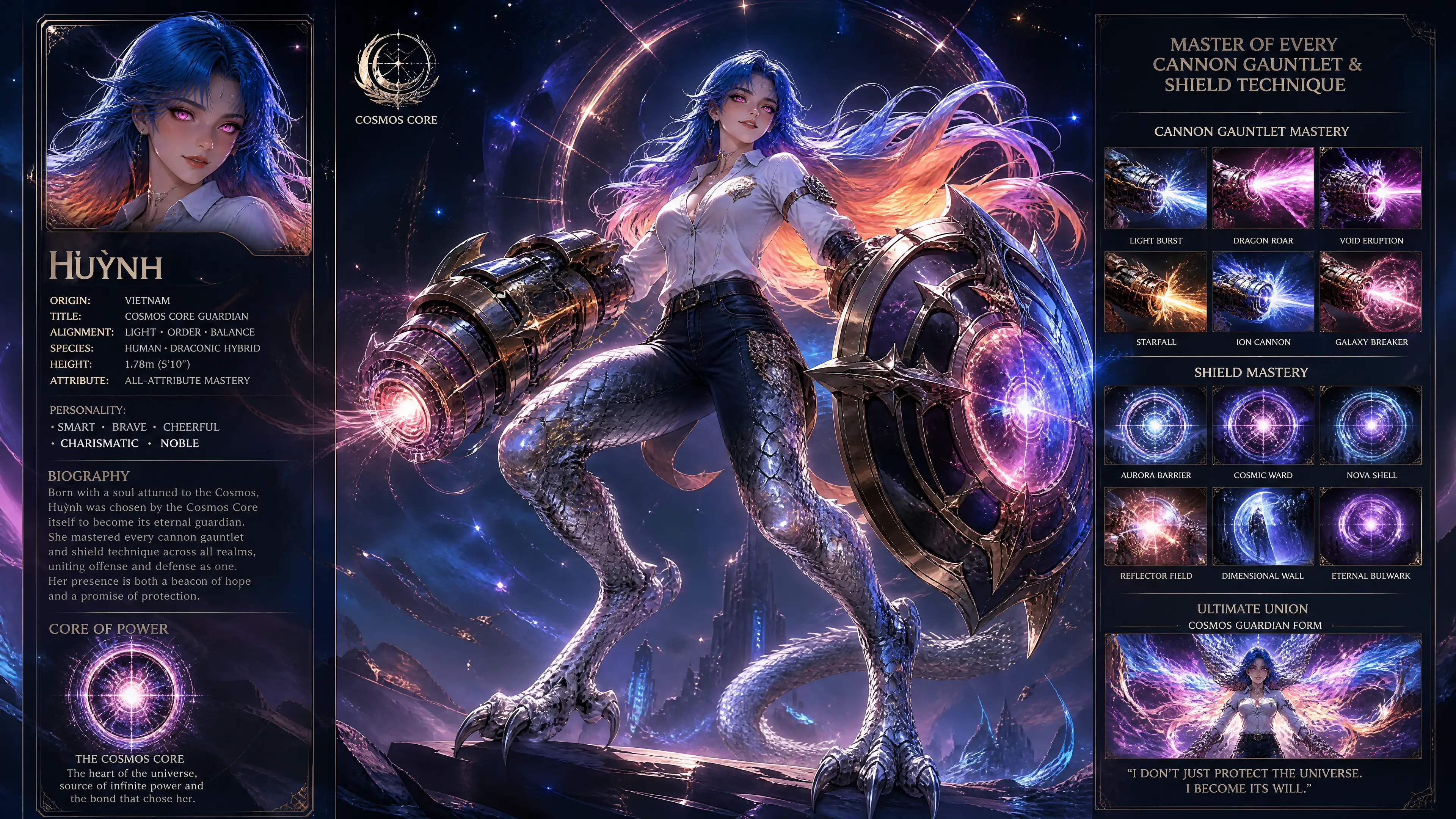Cosmic guardian woman with dragon legs and flaming eyes