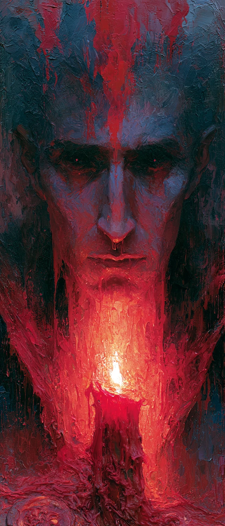 Retrato gótico de vampiro que se funde en cera roja de vela goteando