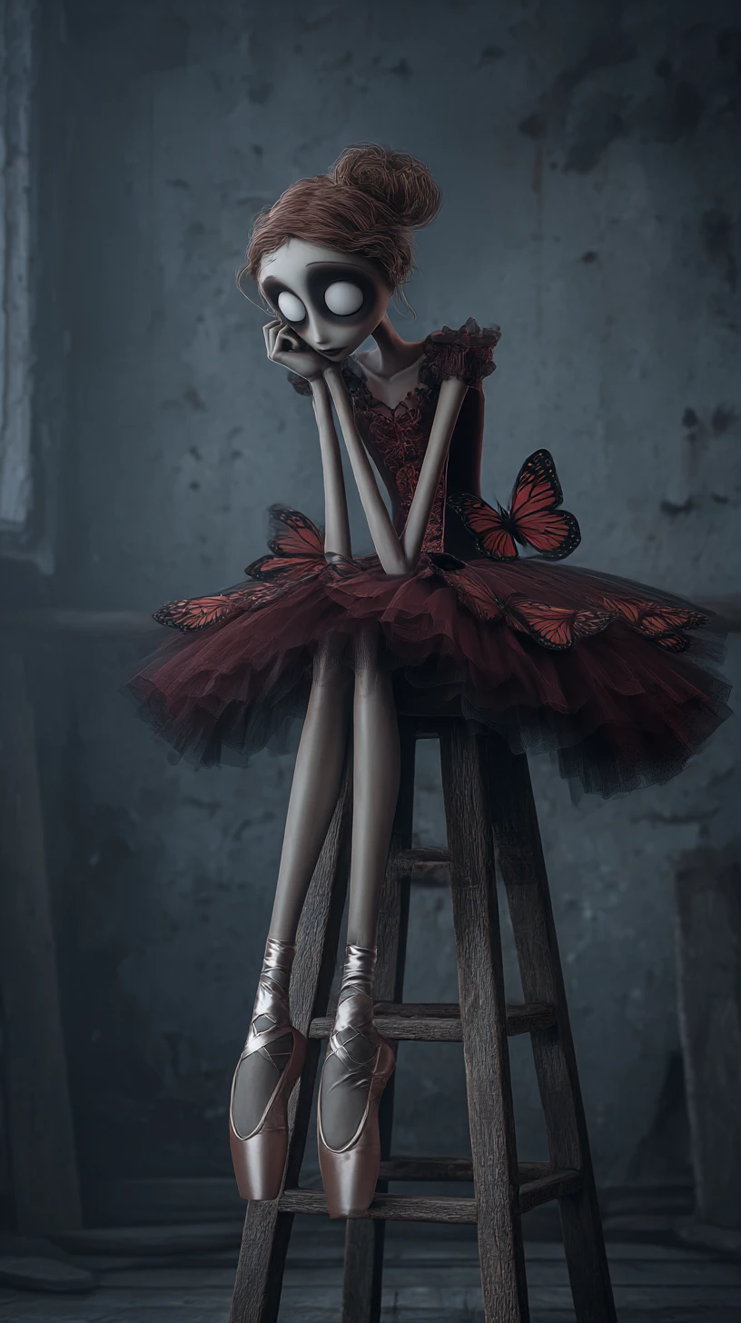 Melancholic gothic ballerina on a worn wooden stool
