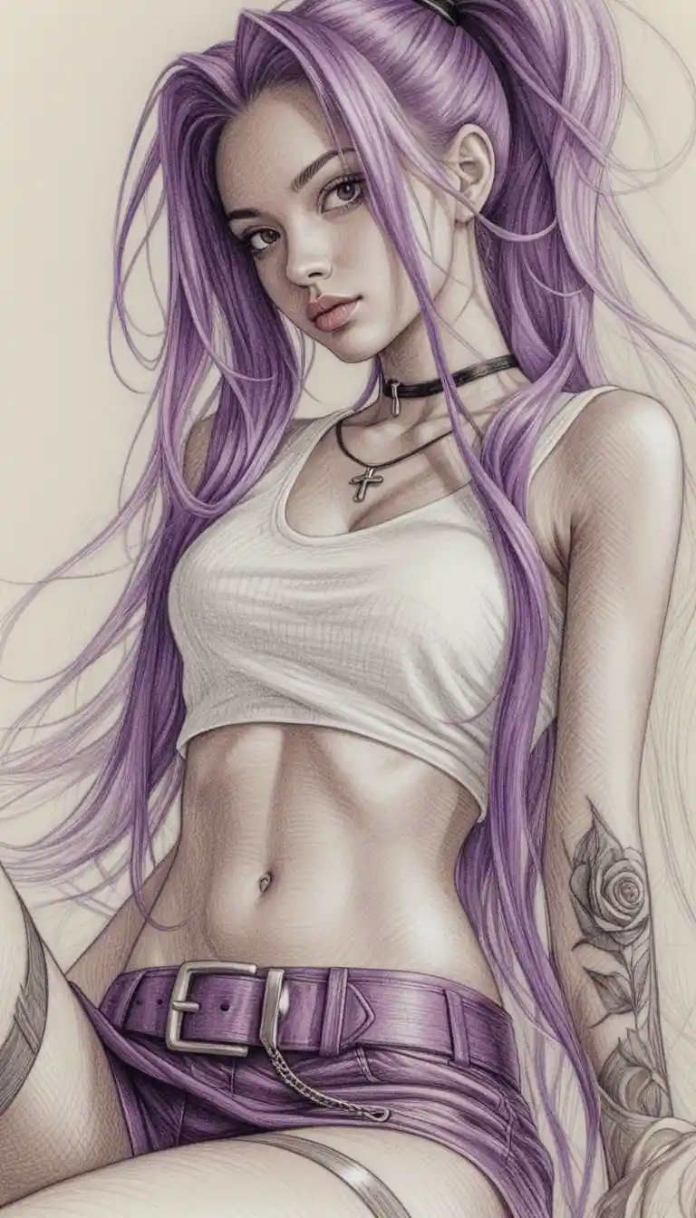 Garota confiante de cabelo roxo em retrato a lápis de cor