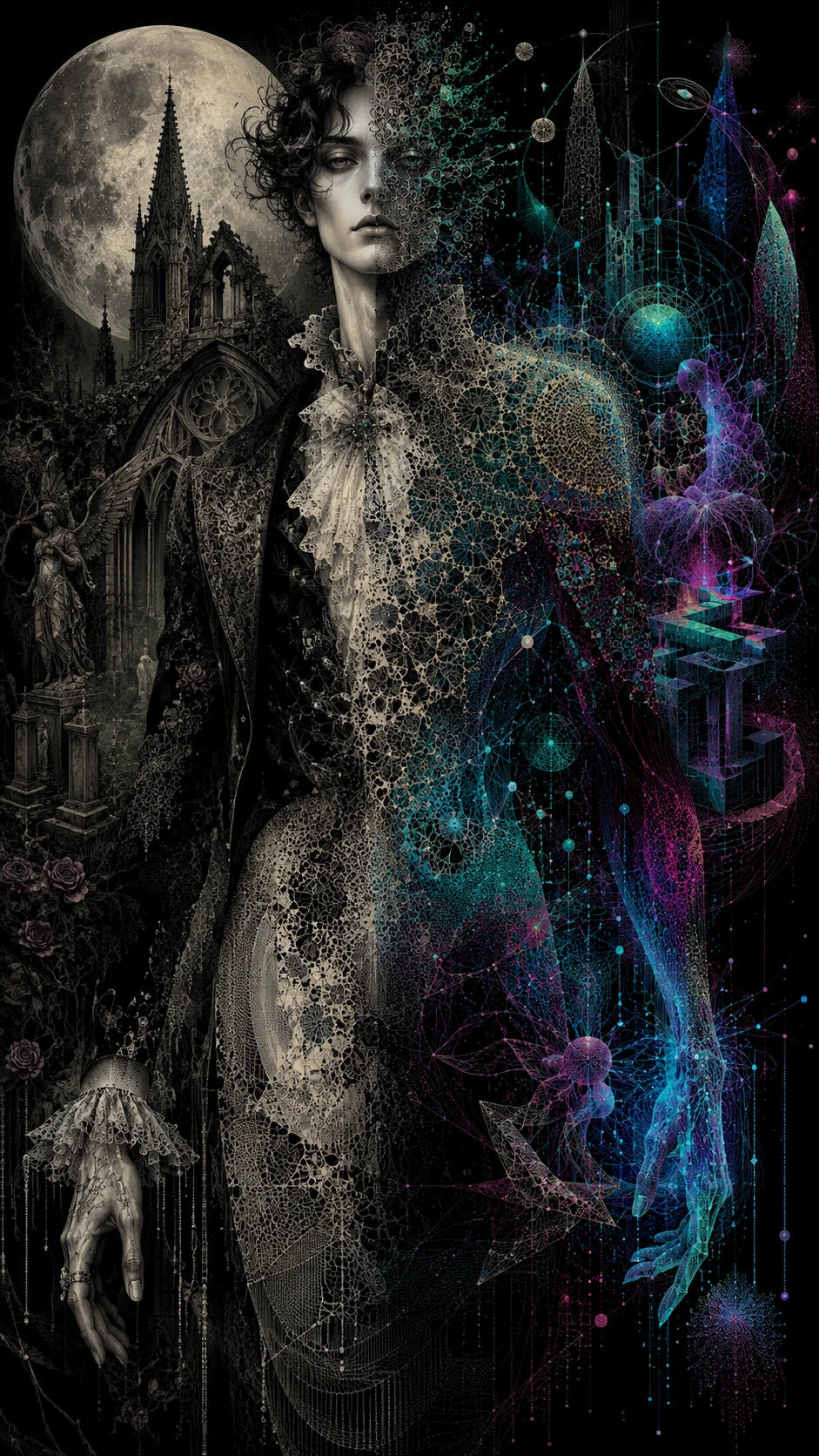 Androgynous figure between gothic stone and neon fractal worlds