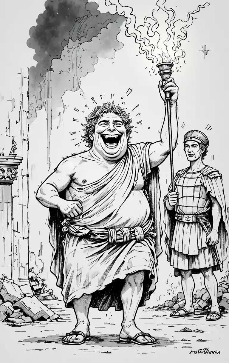 Cartoon Roman emperor with torch and lyre in chaotic scene