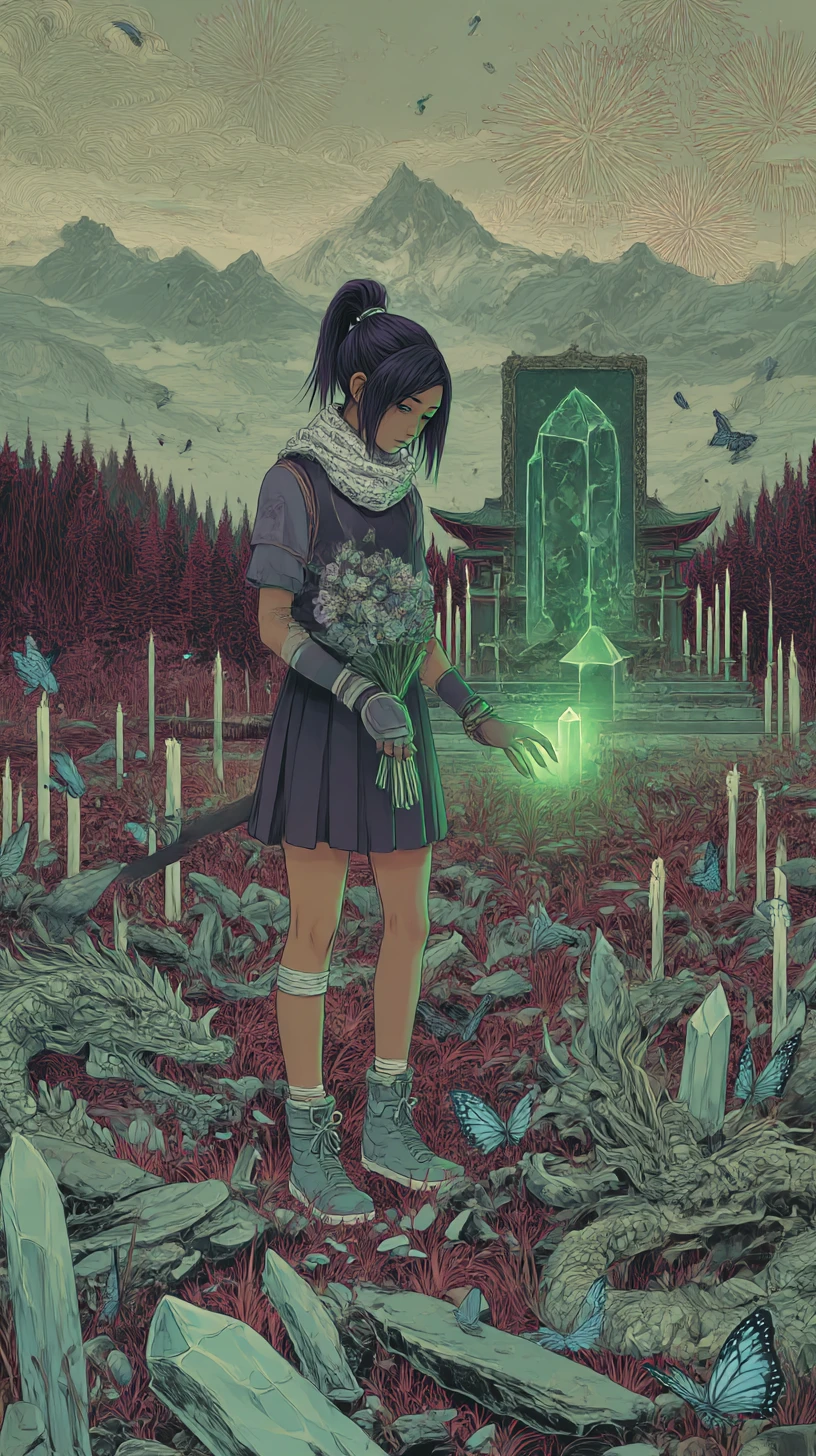 Chica de anime triste caminando por un campo de espadas enterradas