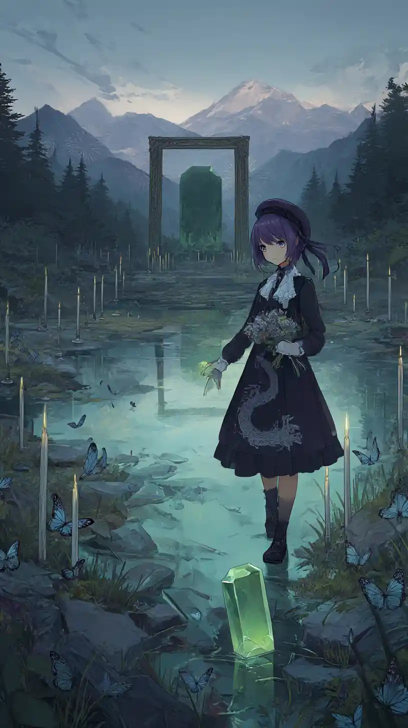 Chica con flores caminando por un campo de espadas enterradas