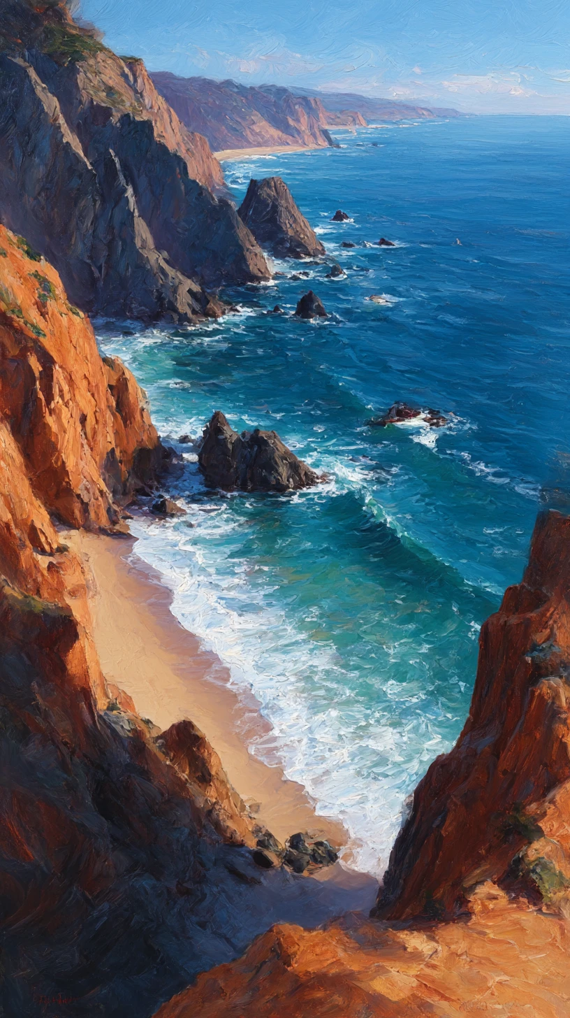 High angle oil painting of rugged coastal shoreline
