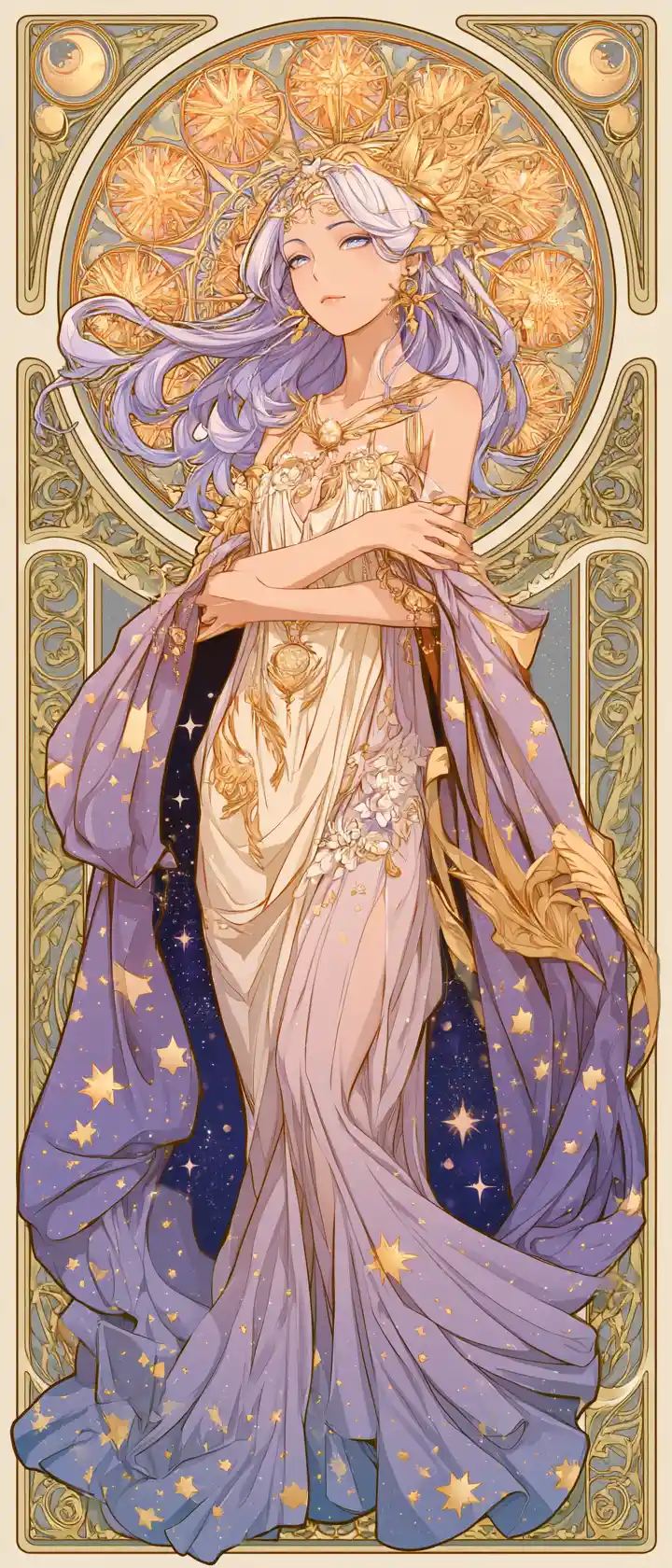 Diosa celestial de anime en seda cósmica fluida y oro