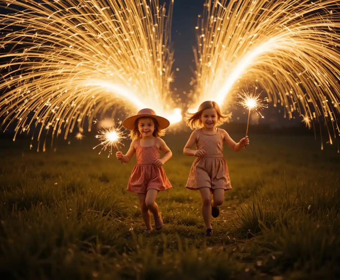 Children Running With Sparklers In A Nighttime Field