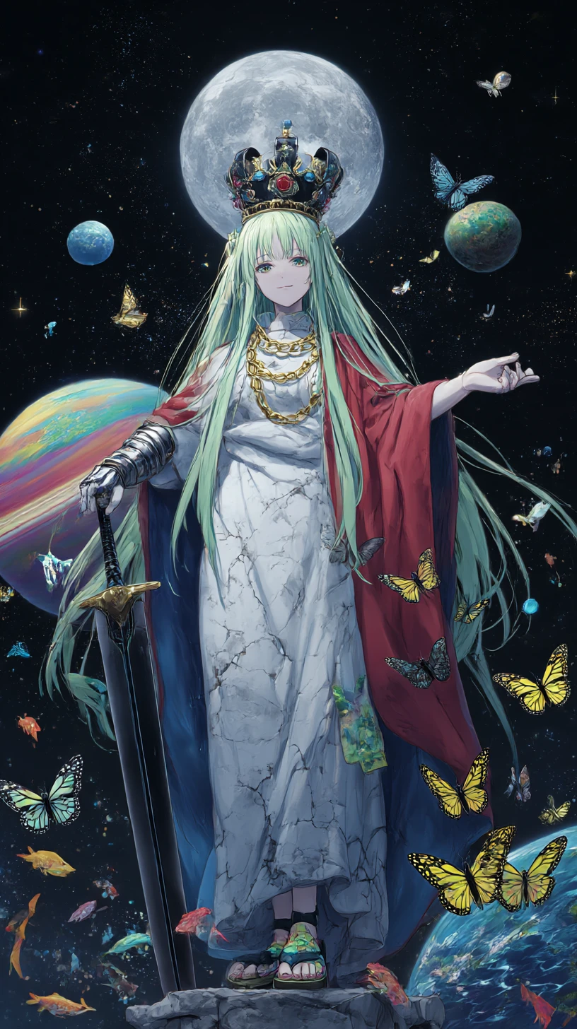 Chica de anime junto a estatua colosal bajo un cielo estrellado a la luz de la luna