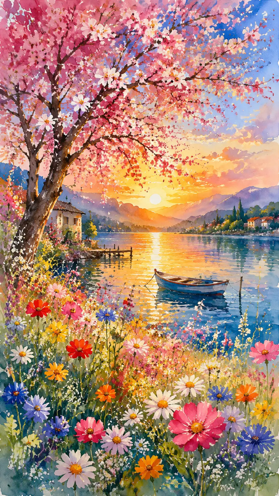 Árbol en flor en acuarela junto a un lago al atardecer de verano