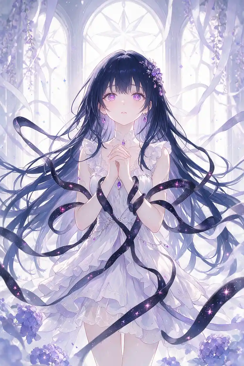 Ethereal girl with cosmic ribbons in a white dress