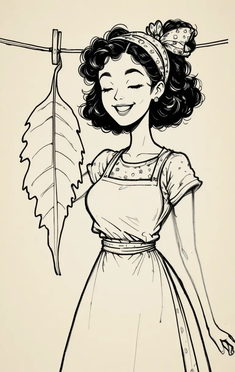 Playful vintage woman hanging a leaf on a clothesline