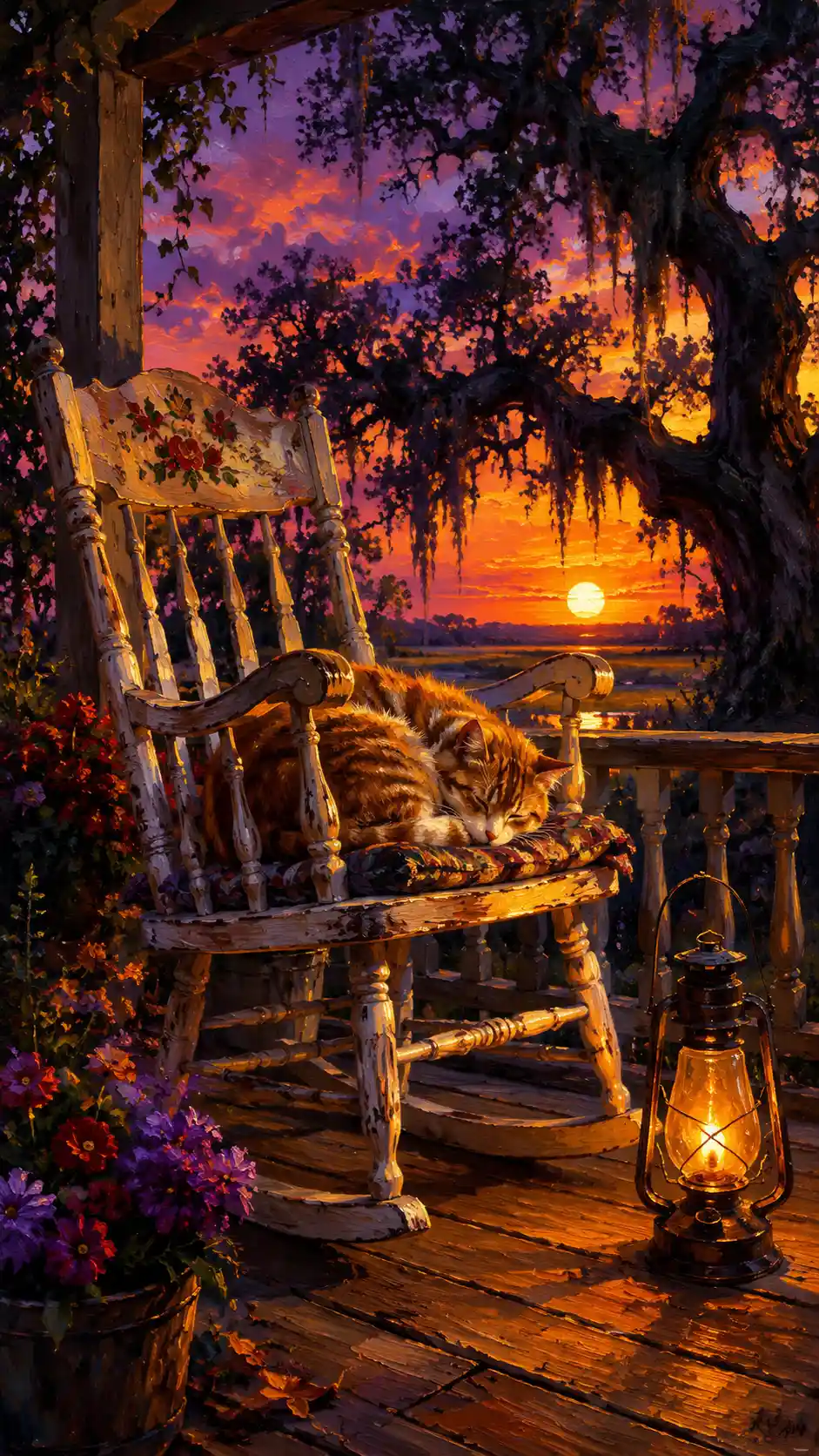 Cat sleeping on a rocking chair at sunset veranda