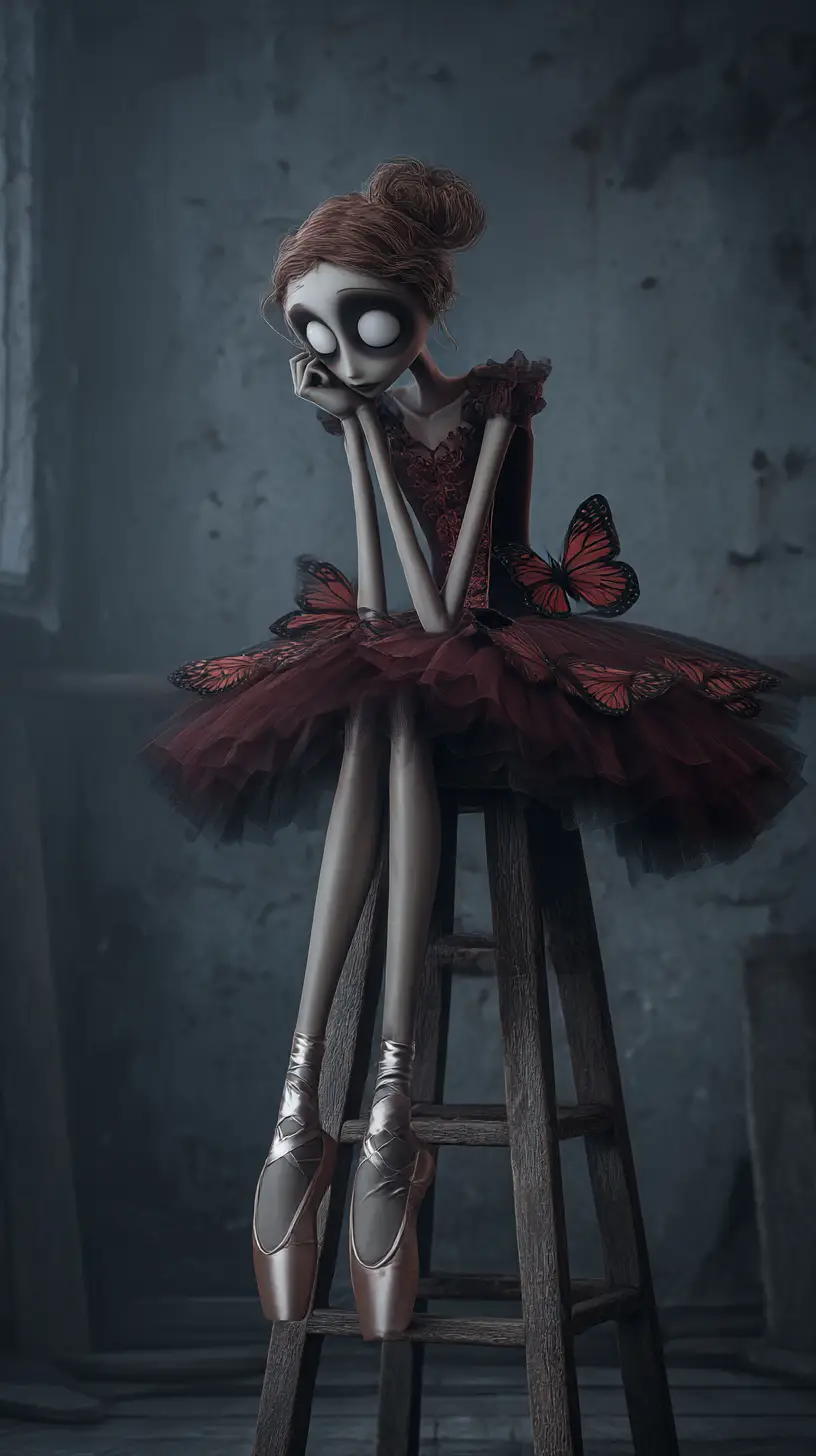 Melancholic gothic ballerina on a worn wooden stool