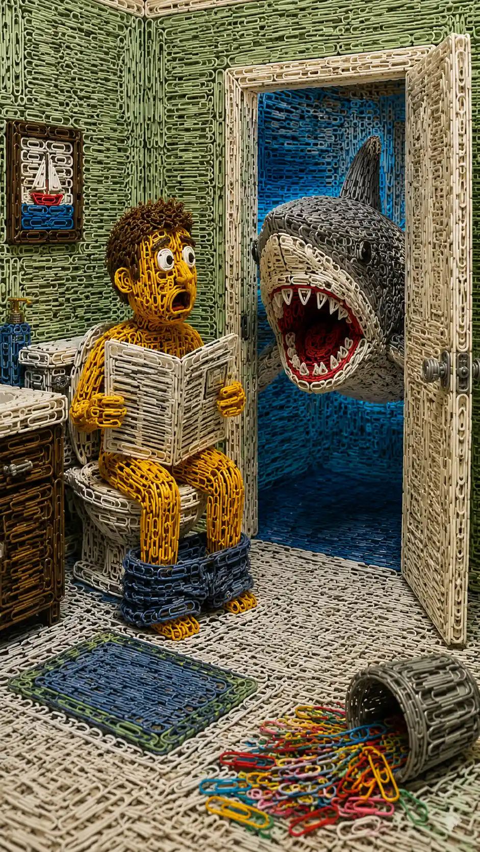 Cena divertida do dia a dia criada inteiramente com clipes de papel coloridos