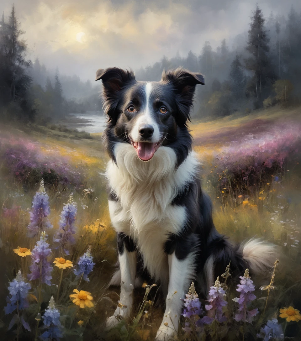 Ritratto di border collie in ambientazione floreale impressionista scura