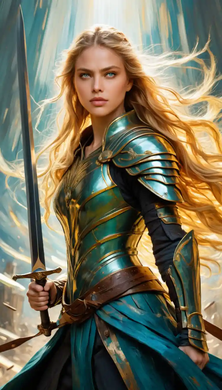 Strong female warrior raising her shining sword to the sky