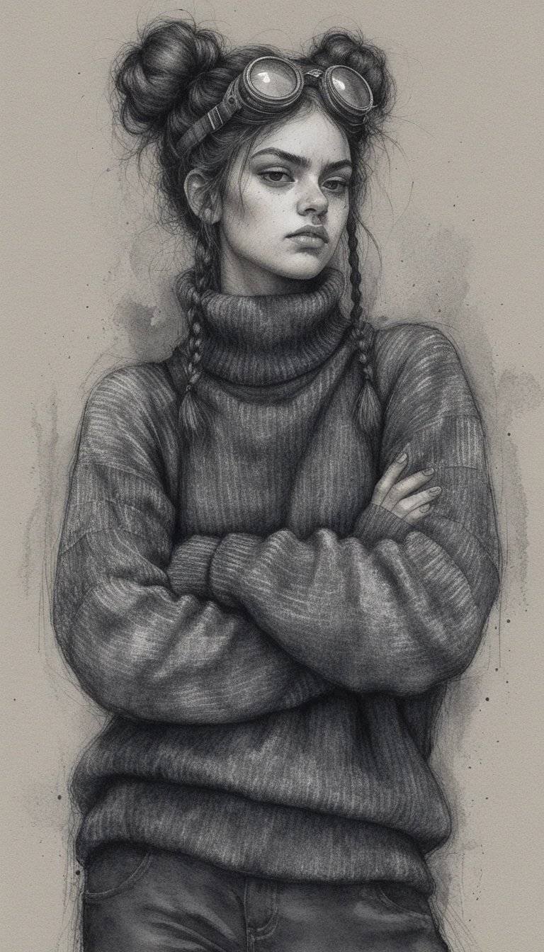 Chica melancólica con gafas en retrato a lápiz en blanco y negro