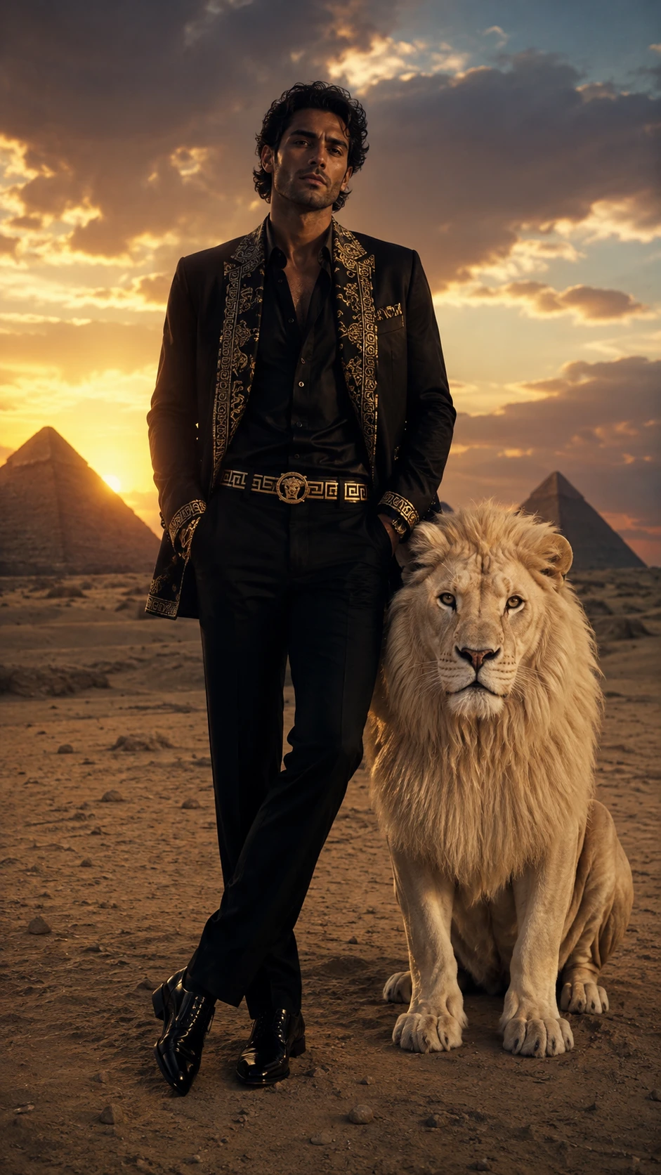 Elegant man in black with white lion in desert sunset