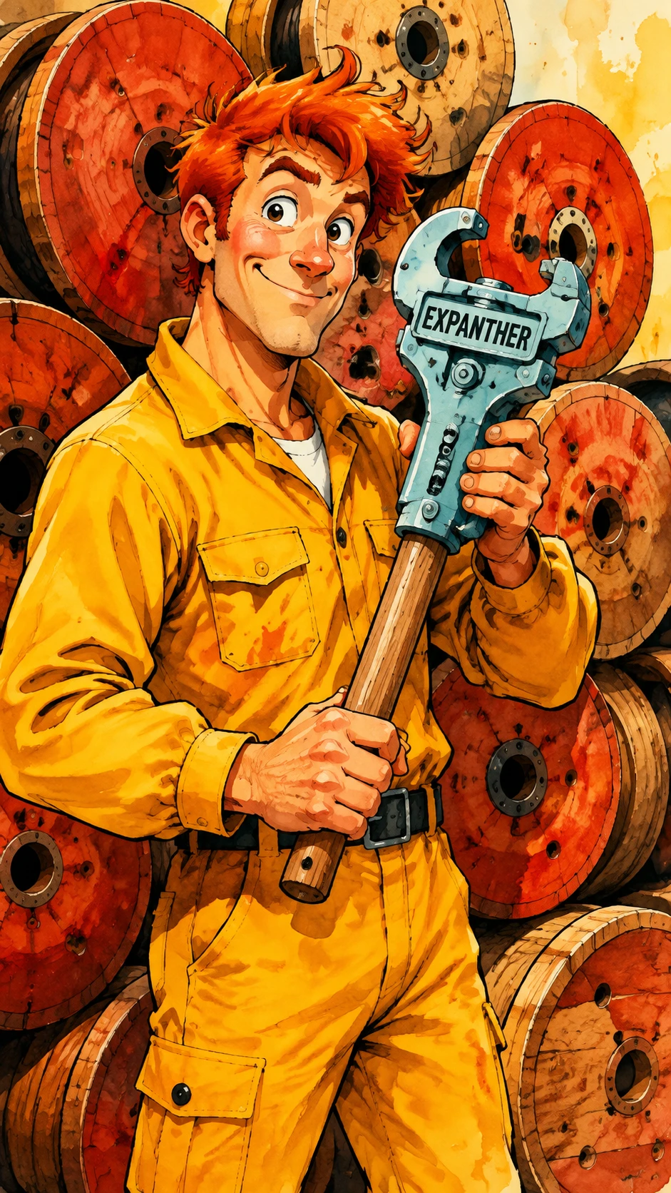 Hombre de caricatura con mono amarillo sosteniendo herramienta de metal