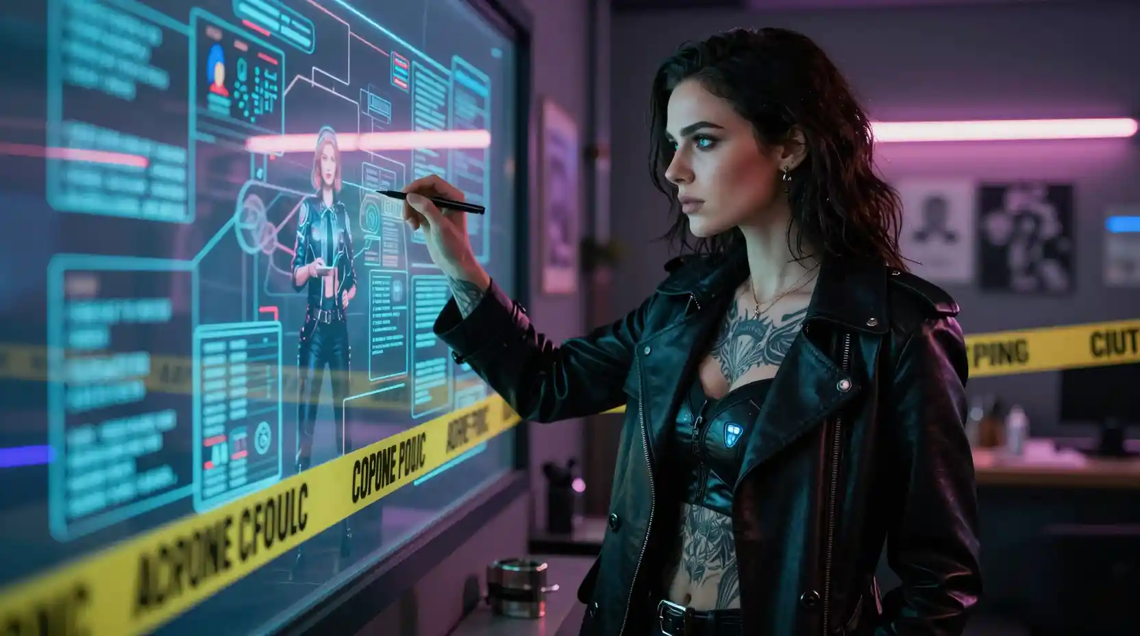 Detective cibernética en estudio de tatuajes futurista iluminado con neón