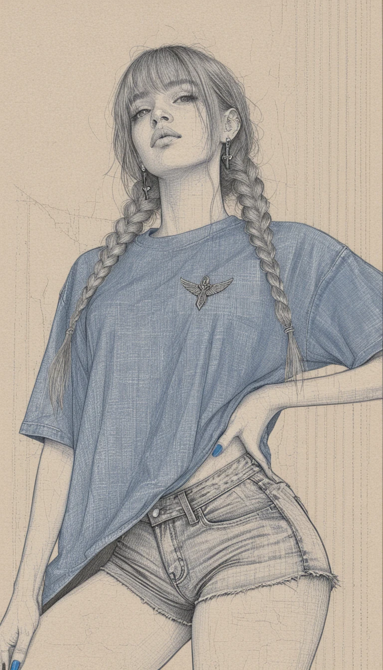 Chica segura de sí misma en dibujo a tinta con fondo arquitectónico en ángulo bajo