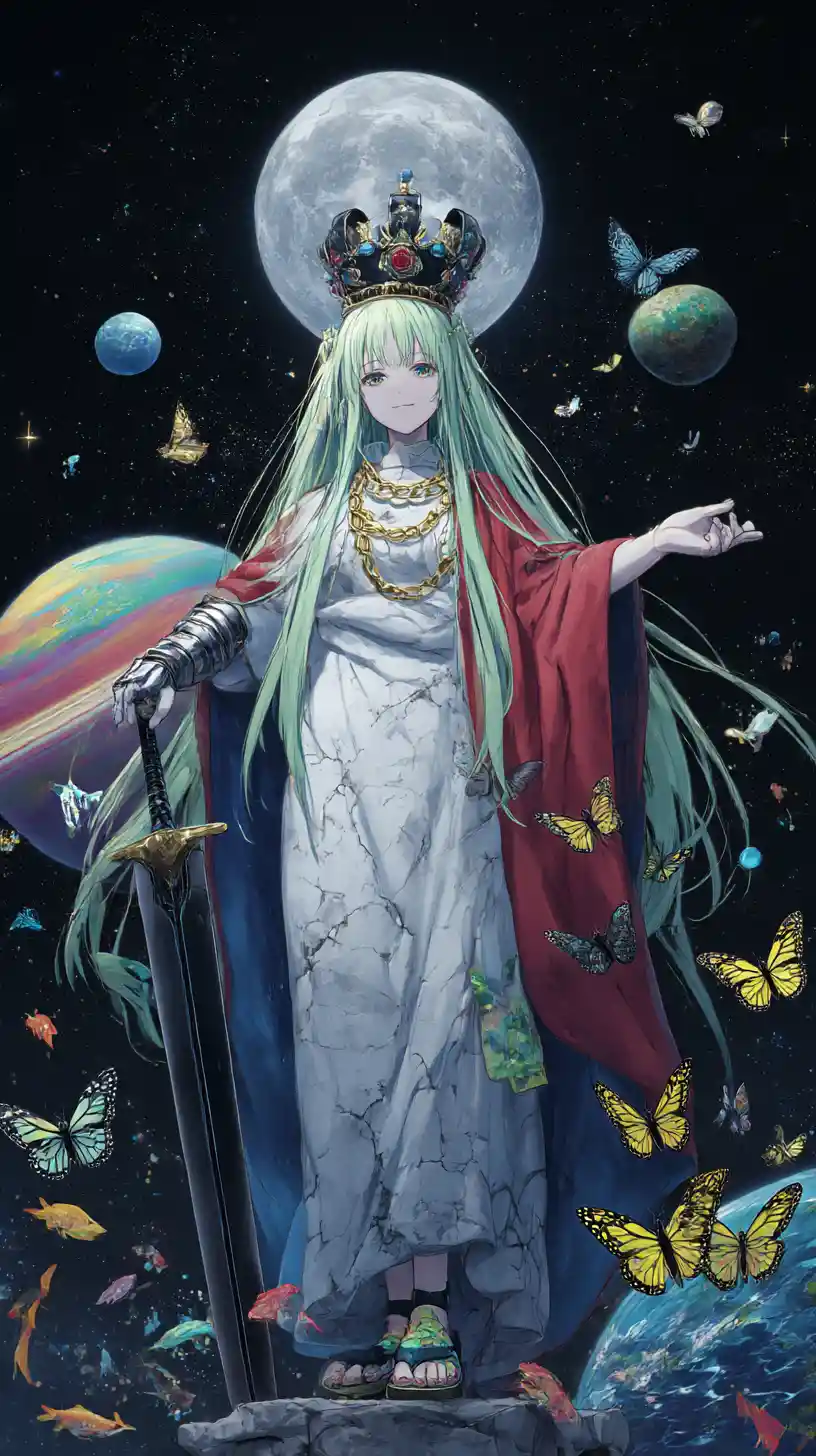 Chica de anime junto a estatua colosal bajo un cielo estrellado a la luz de la luna