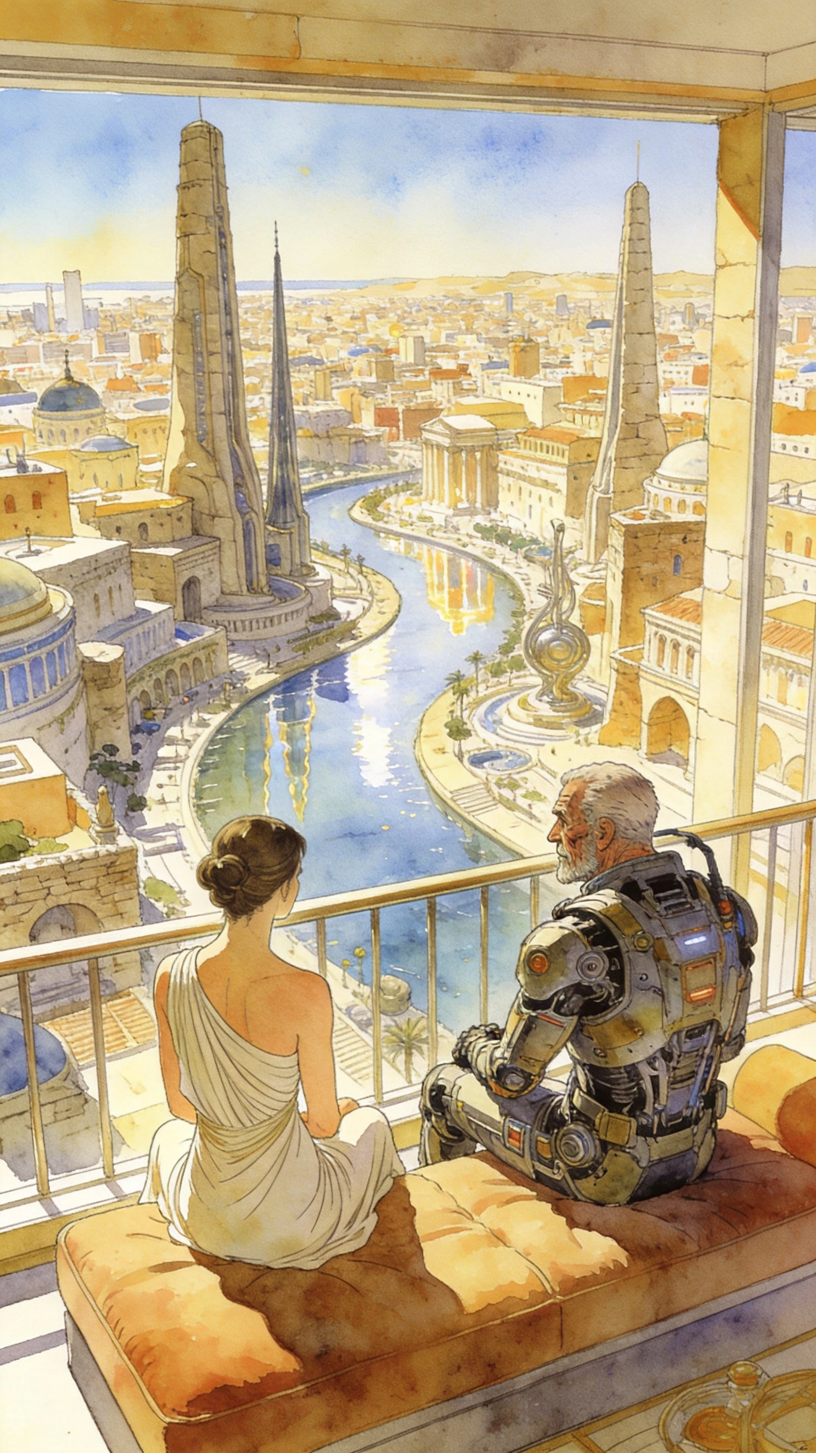 Hombre mayor y mujer joven contemplando ciudad futurista